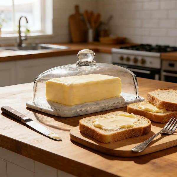 17.5 oz. Marble and Glass Butter Dish with Lid, Classic Stone Butter Container for Countertop and Refrigerator
