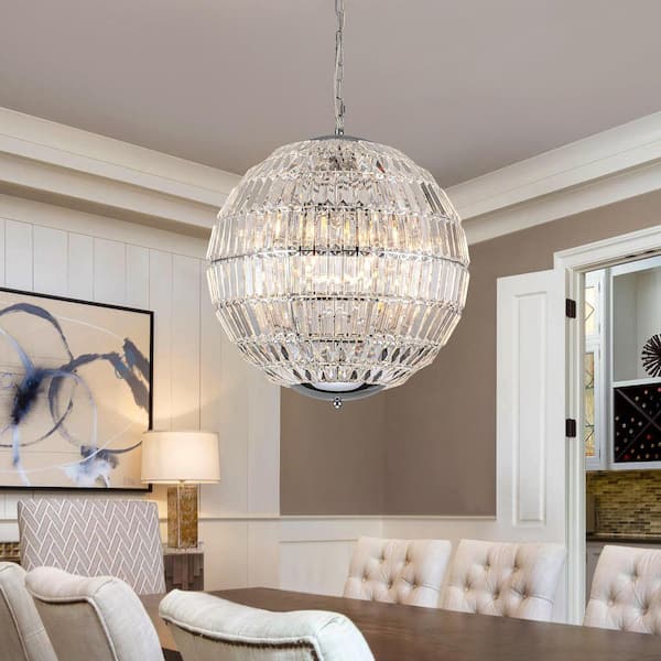 19.09 in. 6-Light Modern Chrome Globe Glam Luxury Chandelier with Crystal Accents