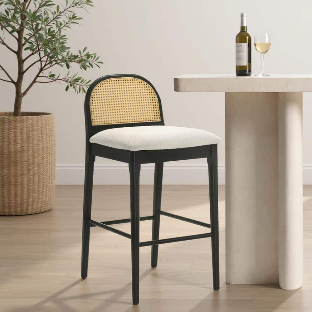 Lucio 38.75 in. H Wood Bar Height Bar Stool in Black Finish with White Boucle Fabric Upholstered Seat-Set of 2 price history on PriceWatchPro
