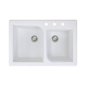 Radius Drop-in Granite 33 in. 3-Hole 1-3/4 Offset Double Bowl Kitchen Sink in White