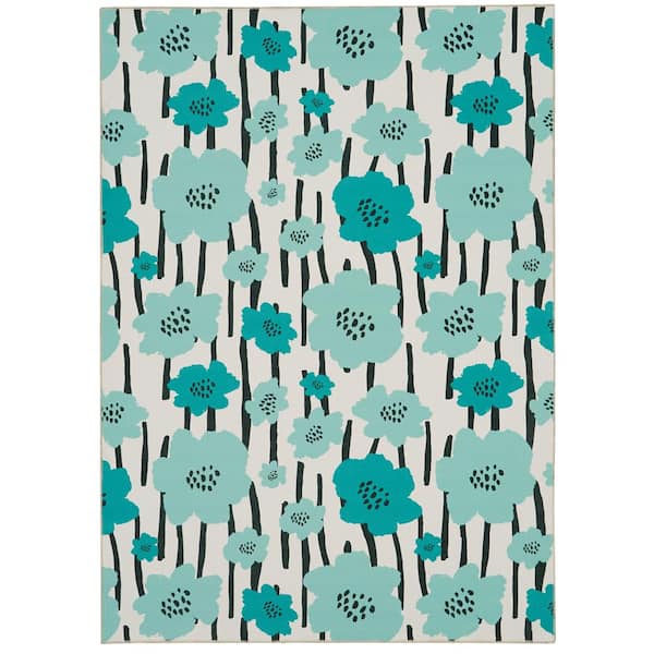 Linon Home Decor Washable Yanny Ivory/Blue 5 ft. x 7 ft. Floral Rectangle Area Rug