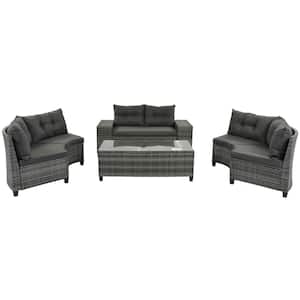 Natalie Gray 8-Piece Wicker Outdoor Curved Sectional Set with Gray Cushion and Rectangular Coffee Table