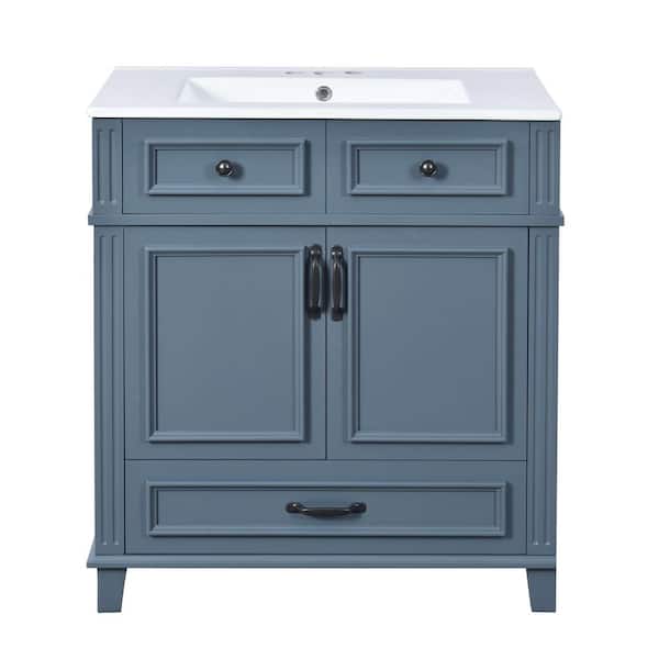 Retro Style 30 in. W Single Sink Bath Vanity in Blue with White Ceramic Top, Soft Closing Doors