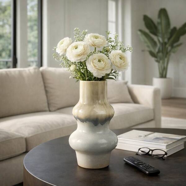  ✯Vase Liv & Skye 14.5 in. Ivory/Gray Ceramic Tiered Cylinder Decorative
