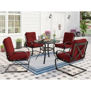5-Piece Metal Patio Outdoor Dining Set with Round Slat Table and C-Spring Chair with Red Cushions