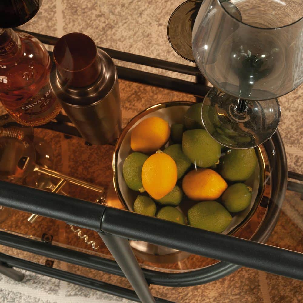 Coral Cape Black Metal Bar Cart with Amber Glass Shelves