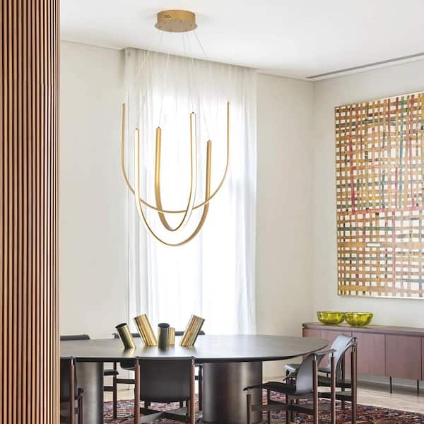 20 in. 3 Light Modern Integrated LED Gold Linear Chandelier for Entrance Stairway Dining Room, 3000K Warm Light