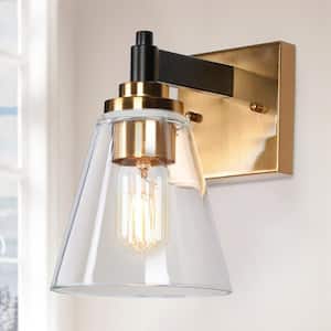 Fatime 1-Light Black Indoor Wall Sconce, Cone Clear Glass Modern Bathroom Vanity Light, Industrial Brass Gold Wall Light