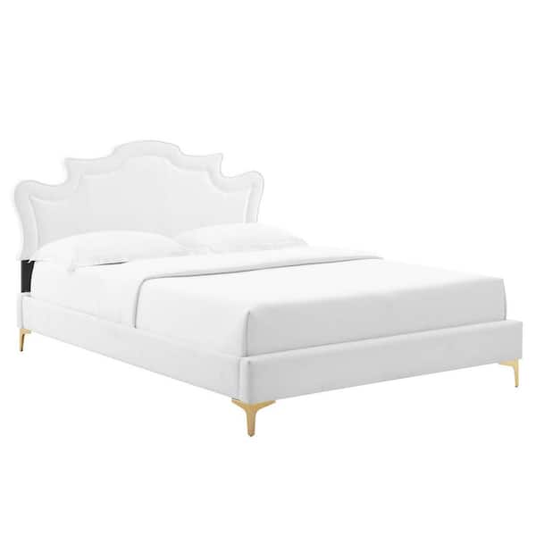 MODWAY Neena White Performance Velvet Frame Twin Platform Bed with Well-Crafted Wood slat support