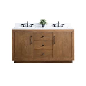 60 in. W x 21.5 in. D x 34 in. H Double Sink Bathroom Vanity in Tan with Arabescato White Engineered Marble Top
