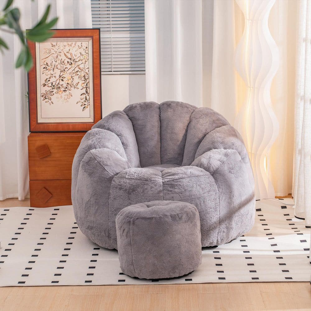 Gray Faux Fur Giant Oversized Ultra Plush Fluffy Comfortable Soft Shell Shaped Floor Sofa Lounge Seat Bean Bag