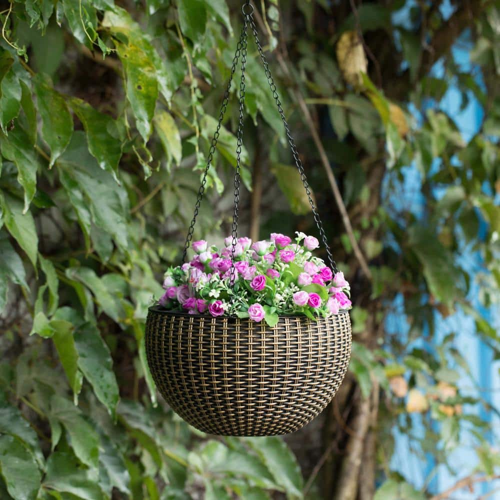 10" Bronze Self-Watering Hanging Basket Planter with Pink Flowers