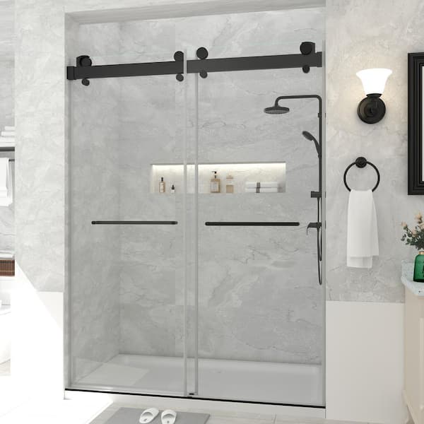 73 in. W x 78 in. H Double Sliding Door Frameless Corner Shower Enclosure in Matte Black with 5/16 in. Tempered Glass