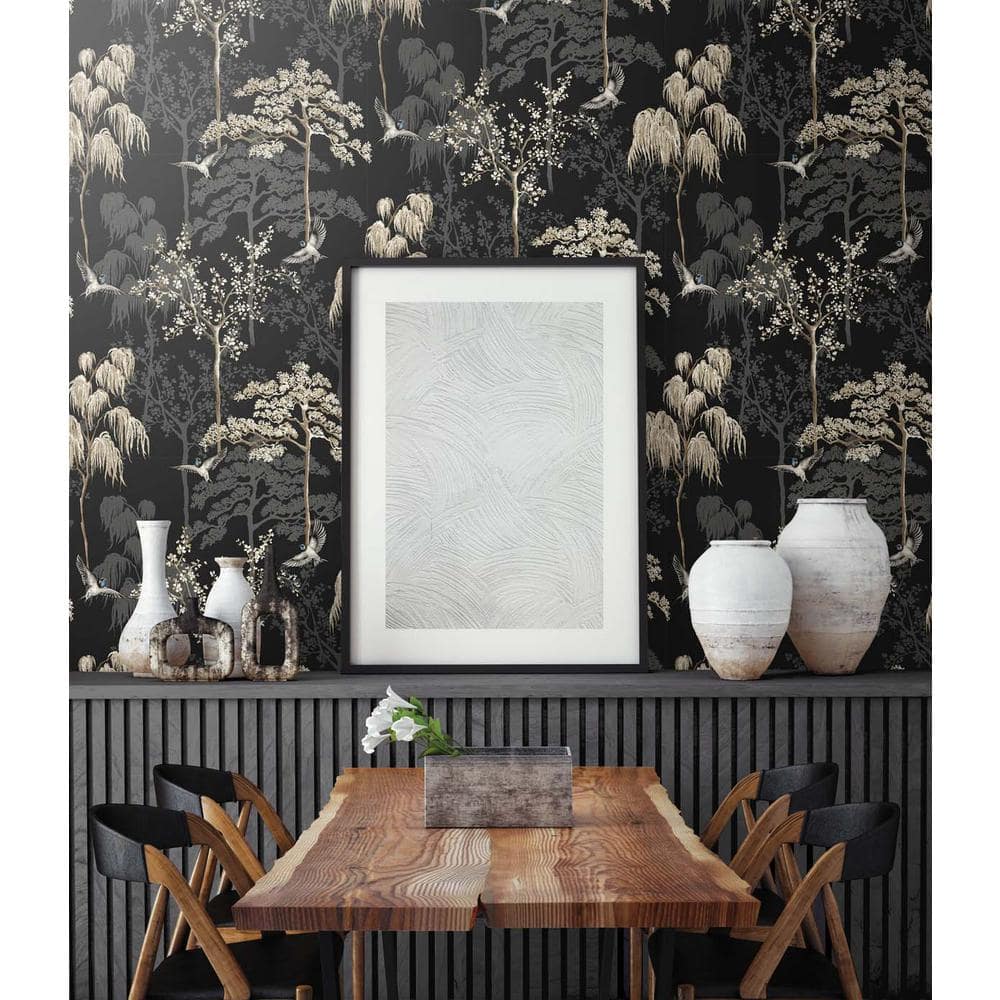 Black and Beige Vinyl Peel and Stick Bird Garden Wallpaper