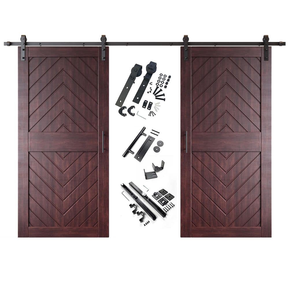 JT2 32 in. x 84 in. C-Panel Red Mahogany Fishbone Design Double Pine Wood Sliding Barn Door with Hardware Kit price history on PriceWatchPro