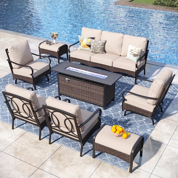PHI VILLA 8-Piece Rattan 9 Seat Metal Outdoor Patio Conversation Set with Beige Cushions, 2-Ottomans, Fire Pit Table