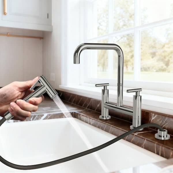 2-Handle Deck Mount Kitchen Faucet 2-Hole Bridge Kitchen Faucet with Side Sprayer in Chrome