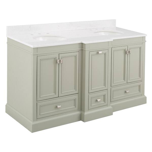 Home Decorators Collection Braylee 61 in. W x 24 in. D Vanity Cabinet in Sage Green with Engineered Stone Vanity Top in White with White Sink