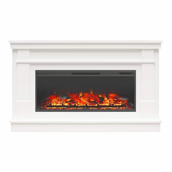 Ameriwood Home Elmcrest 64 in. Wide Freestanding Mantel with Linear Electric Fireplace in White