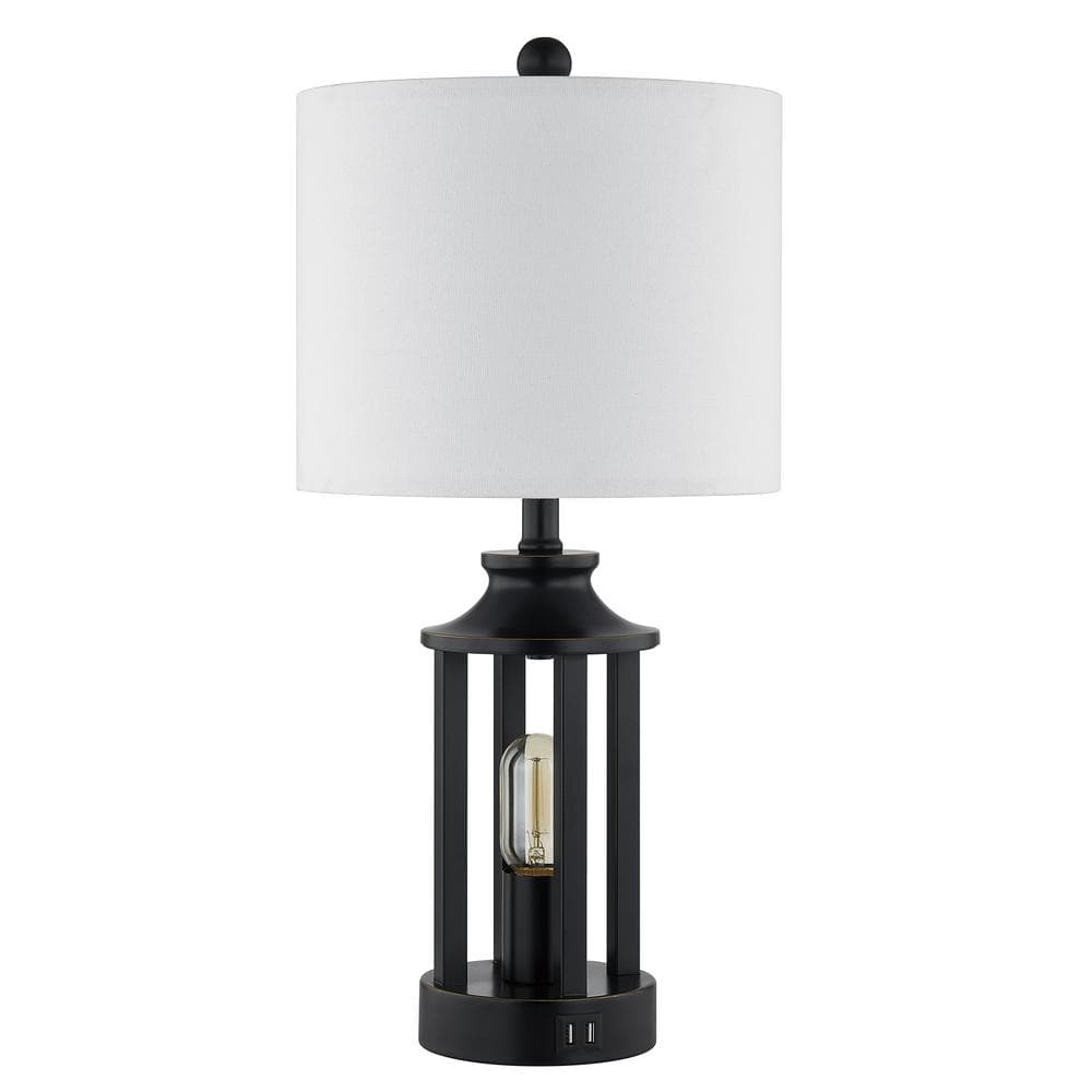23.6" Black Matte Metal Table Lamp Set with White Linen Drum Shade