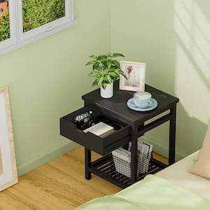 Black Bamboo Square 1-Drawer Nightstand with Open Shelf