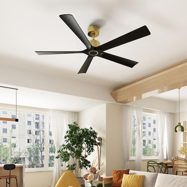 FUFU&GAGA 56 in. Indoor Outdoor Black Solid Wood 5-Blade Gold Housing Propeller Ceiling Fan with Remote Control, 1/4/8-Hour Timing