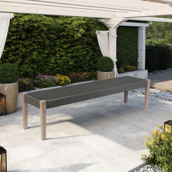 Rwan Brown Wood Outdoor Patio Dining Bench with Gray Woven Seat
