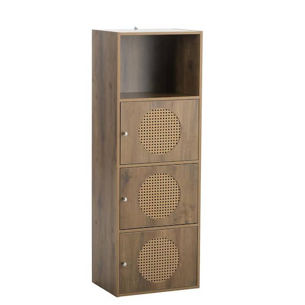 Tatahance Rustic Brown Sideboard Floor Cabinet with 3 Rattan Locker Doors
