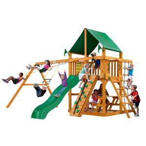 Chateau Wooden Backyard Swing Set with Green Vinyl Canopy, Wave Slide, Picnic Table, and Play Set Accessories