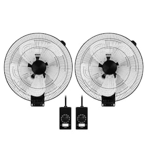 18in. 5 Speed Settings Metal Wall Mount Fan in Black for Household Commercial, 90° Horizontal Oscillation, 2-Pack