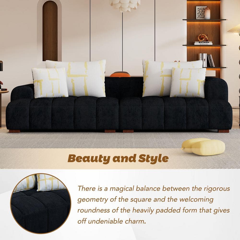 103.9" Black Corduroy Fabric Lawson Sofa with Wood Legs