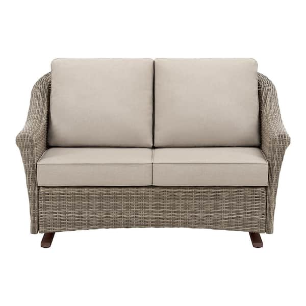 Brooke Mill Brown Metal 2-Person Wicker Outdoor Glider with CushionGuard Putty Tan Cushion