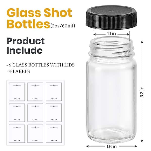 2 oz. Glass Bottles with Lids for Ginger, Wellness Shot, Juice, Sample, Whiskey and Travel Essentials, Clear (9-Pack)