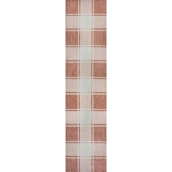 Sabine Salmon/Cream 2 ft. x 8 ft. Traditional Farmhouse Bold Gingham Indoor/Outdoor Runner Rug
