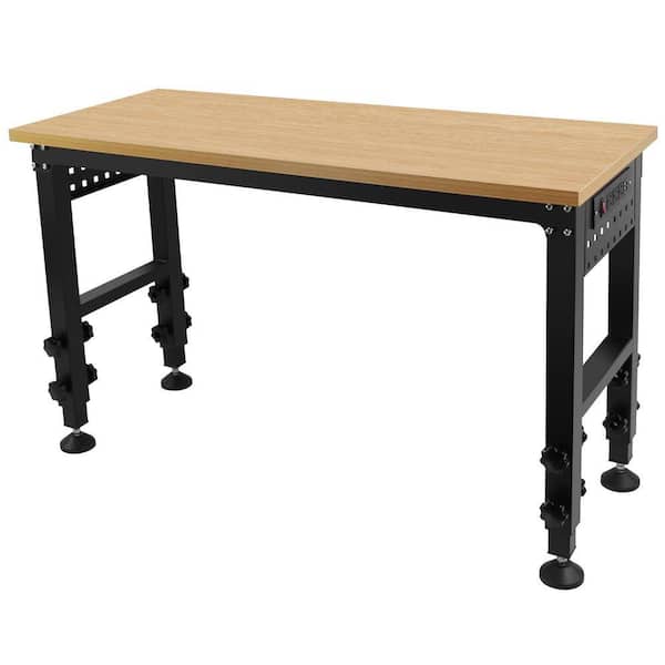 48 in. Black Metal Adjustable Hardwood Workbench with Power Outlet, Suitable for Workshops, Offices, Garages, and Homes