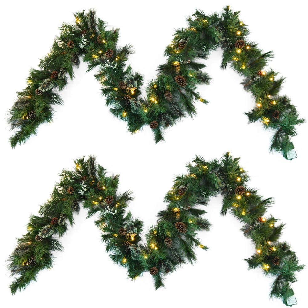 2-Packed 9 ft. Cashmere and Snow Bristle Garland with Timer, 20-Pinecones, 