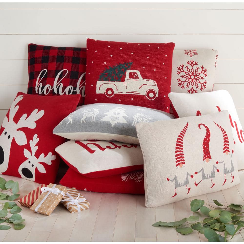 Grey Cotton Christmas Pillow with Reindeer and Snowflakes
