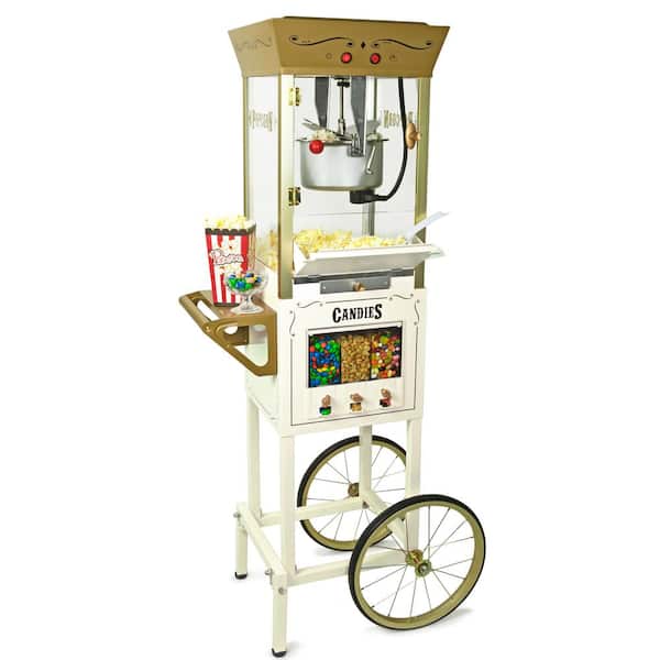 Nostalgia Vintage Professional 8 Oz Kettle Ivory Popcorn Cart with Candy Dispensers, Interior Light, Measuring Spoons and Scoop
