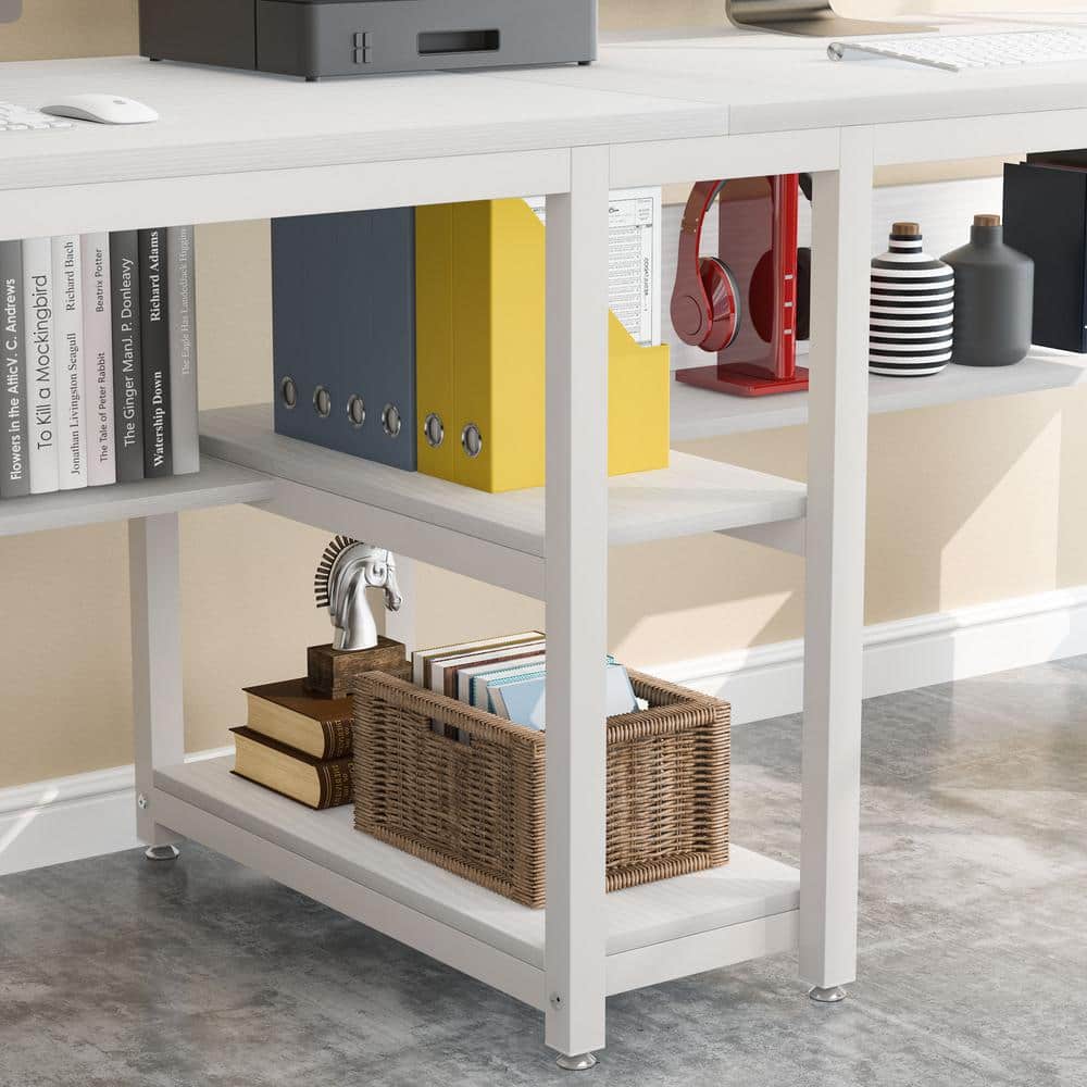 White Double Workstation Desk with Bookshelf and Storage Shelves