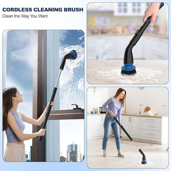 Scrub Cleaning Brush with Long Handle 35'' - Extendable Floor Scrubber with 1 Stiff Bristles & 3 Sponge Brush, Adjustable Lightweigh Detachable