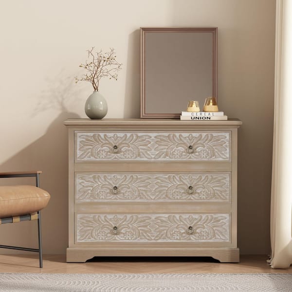Jasper Boho 39.75 in. 3-Drawer Light Ash and White Carved Wood Dresser Chest of Drawers with Floral Accents