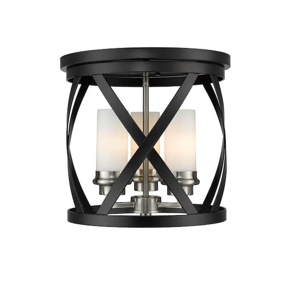 Unbranded Malcalester 13 in. 3-Light Matte Black and Brushed Nickel Flush Mount with White Glass Shade