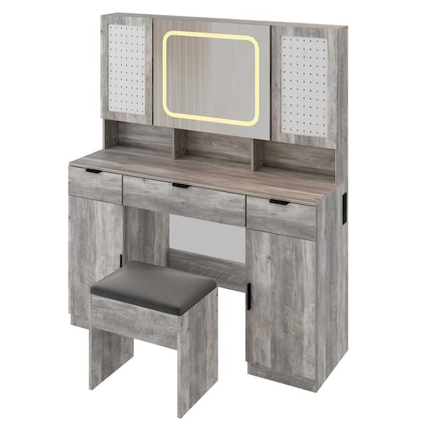 Karl home 2-Piece Gray Makeup Vanity Set with Mirror Cabinet