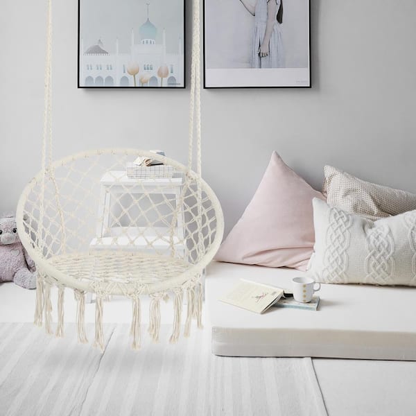 2.6 ft. Portable Tassel Hammock Chair in Beige for Indoor and Outdoor