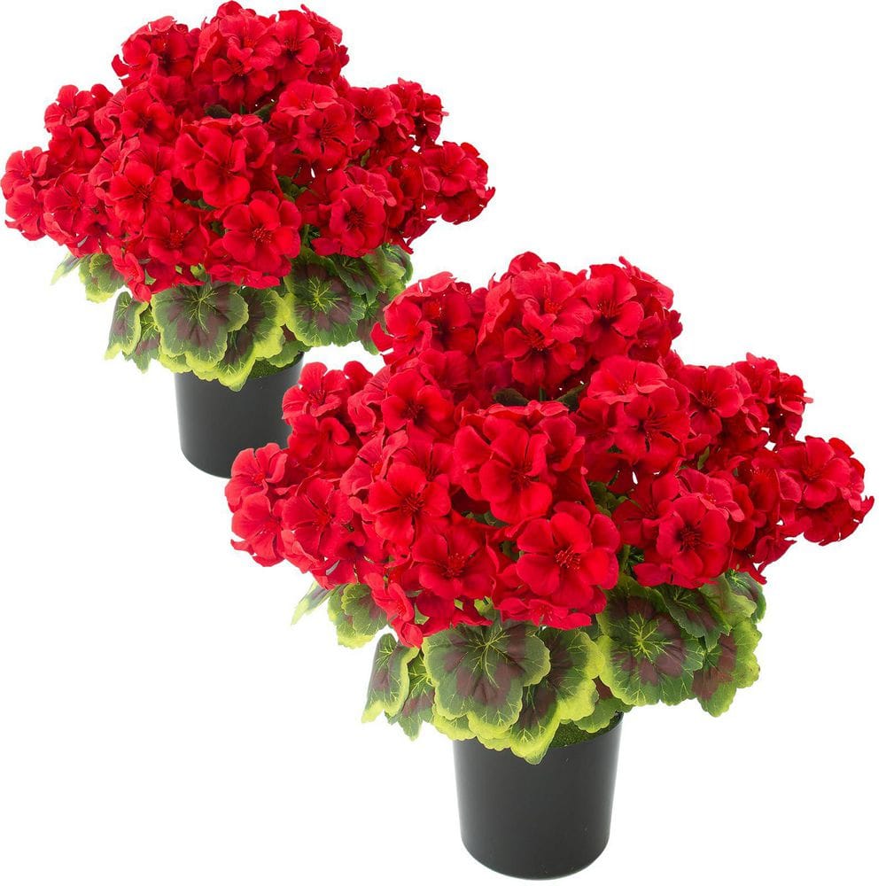 スタッフガーデ 2 Pcs 6 in. Red Outdoor Artificial Geranium in Black Pot WK2098