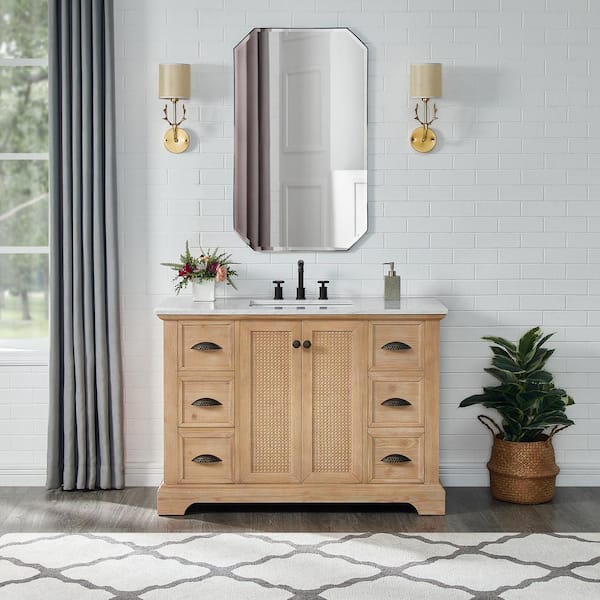 ROSWELL Hervas 48 in.W x 22 in.D x 33.8 in.H Single Sink Bath Vanity in Fir Brown with White Carrara Marble Top and Mirror