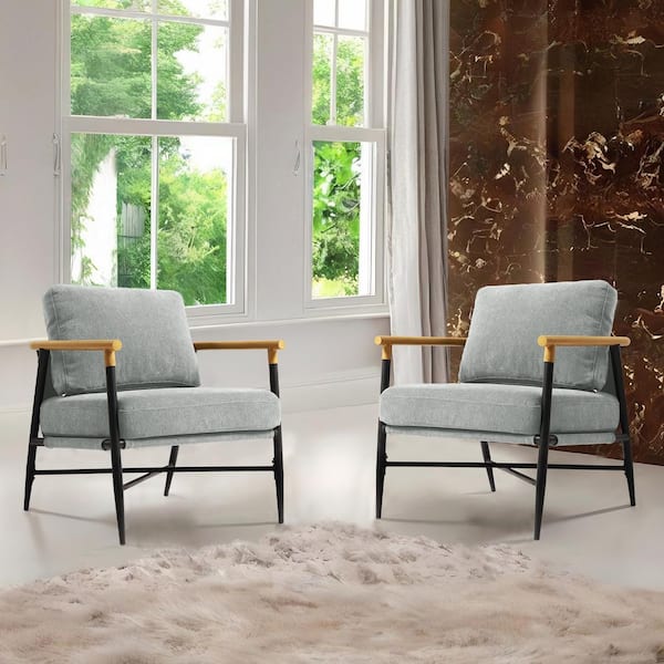 Uixe Modern Light Gray Cotton Fabric Upholstered Arm Chair with Metal Base(Set of 2)