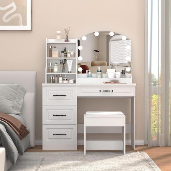 Unbranded 2-Piece White Makeup Vanity Desk Set with Drawers Lighting Mirror