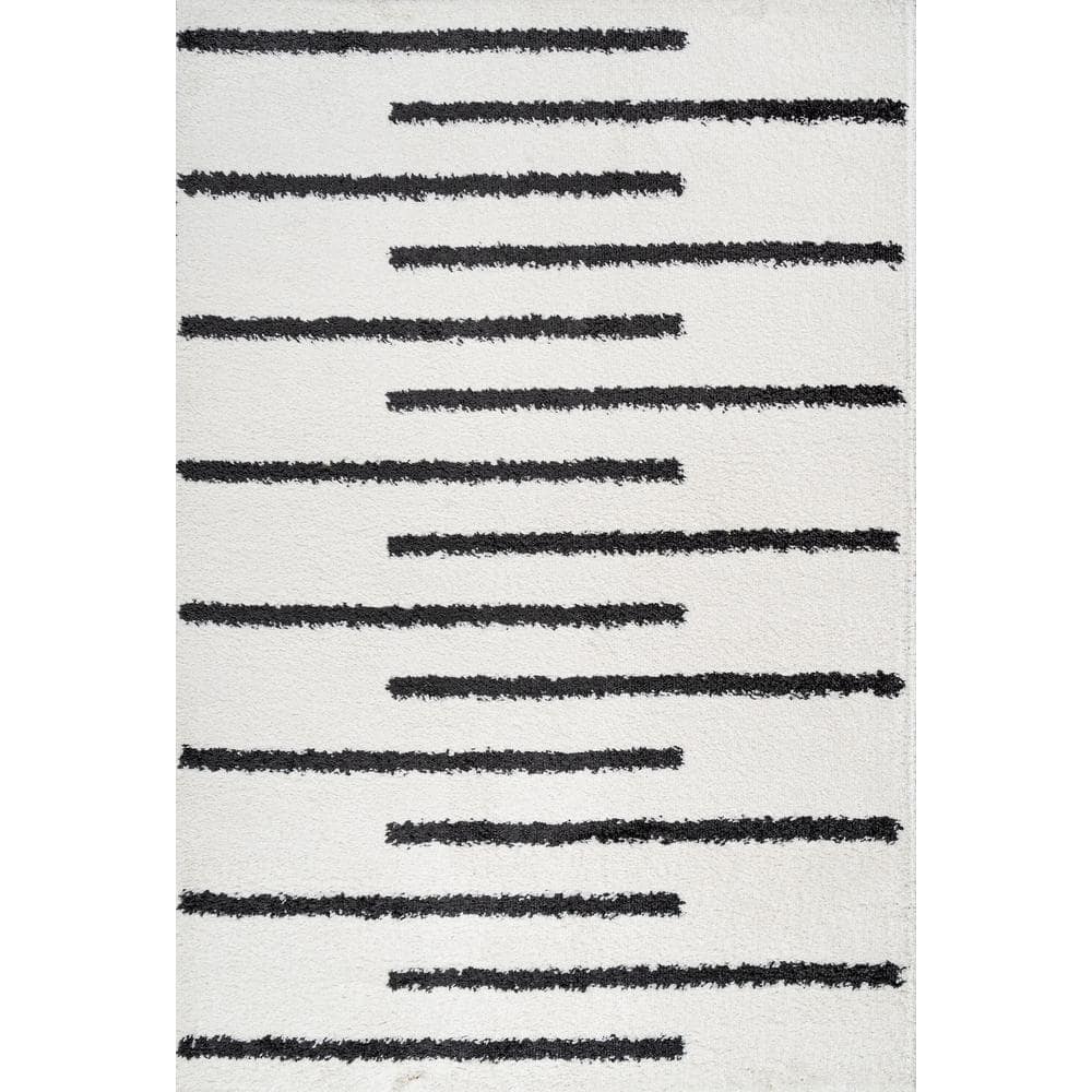 Alaro White and Gray Striped Shag Area Rug