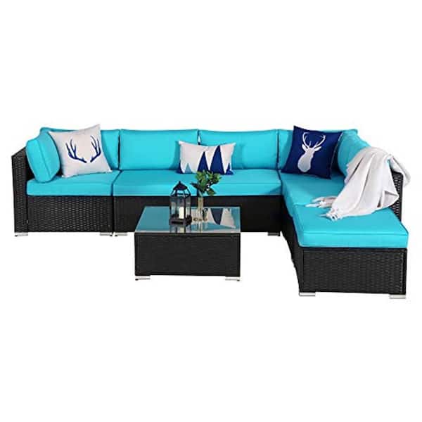 SUNVIVI 7-Piece PE Rattan Wicker Sofa Outdoor Sectional Set, Washable Cushions, Ottoman Coffee Table with Blue Cushions